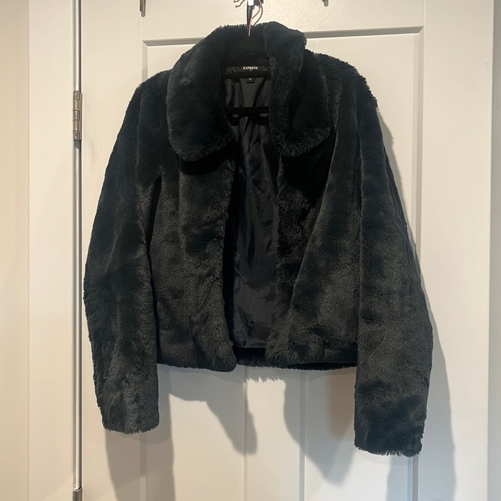 Dark Green Faux Fur Cropped Jacket | EXPRESS